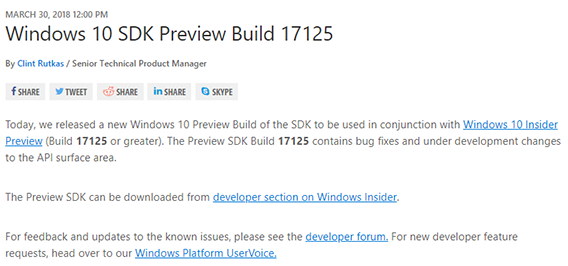 微軟發(fā)布Windows 10 SDK預覽版Build 17125下載